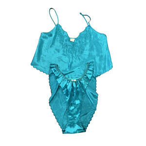 Vtg Victorias Secret Gold Label Teal Green Satin Cami High Cut Panties Set Sz L
